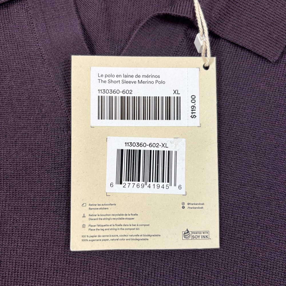 Frank And Oak Mens XL Short Sleeve Merino Wool Polo Shirt Purple 1130360-602 NWT - Picture 4 of 7